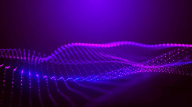 Dinamik renk dalgalı soyut bir arkaplan. Parlak parçacıkların gelecekteki noktalı dalgaları. Karanlık arka plan. Sunum tasarımı için renkli arkaplan. Dokuma efekti. Geniş biçim vektör illüstrasyonu.