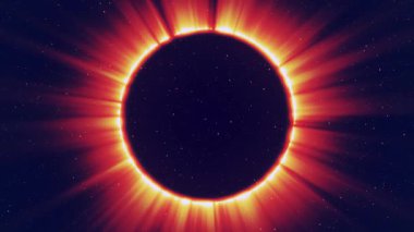Tam güneş tutulmasının soyut animasyonu - astronomik bir fenomen. Tam güneş tutulmasının dinamiklerini renkli tonlarda. Galaksinin merkezinde büyük bir kara delik. 3 boyutlu görüntüleme. 4K canlandırması