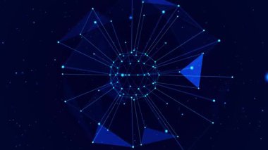 Neon noktalar ve çizgilerden oluşan üç boyutlu soyut animasyon küresi. Genel ağ bağlantısı. Soyut atom. Fizik ve bilim konsepti. Soyut kablo tasarımı, şebeke tasarımı. 4K teknoloji animasyonu