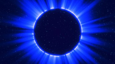 Güneş tutulmasının soyut çizimi - astronomik bir fenomen. Tam bir güneş tutulmasının arkaplanı. Renkli tonlarda. Galaksinin merkezinde büyük bir kara delik. 3B illüstrasyon