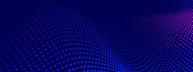 Dinamik renk dalgalı soyut bir arkaplan. Parlak parçacıkların gelecekteki noktalı dalgaları. Sunum tasarımı için renkli arkaplan. Geniş format 3D illüstrasyon. Örgü efekti.