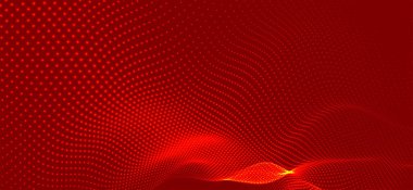 Dinamik renk dalgalı soyut bir arkaplan. Parlak parçacıkların gelecekteki noktalı dalgaları. Sunum tasarımı için renkli arkaplan. Geniş format 3D illüstrasyon. Örgü efekti.
