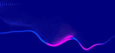 Dinamik renk dalgalı soyut bir arkaplan. Parlak parçacıkların gelecekteki noktalı dalgaları. Sunum tasarımı için renkli arkaplan. Geniş format 3D illüstrasyon. Örgü efekti.