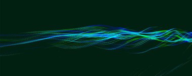 Dinamik renkli dalgalı soyut bir arkaplan. Parlak parçacıkların gelecekteki noktalı dalgaları. Sunum tasarımı için renkli arkaplan. Geniş format vektör illüstrasyonu. Pleksus etkisi.