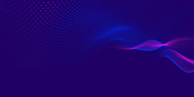 Dinamik renk dalgalı soyut bir arkaplan. Parlak parçacıkların gelecekteki noktalı dalgaları. Sunum tasarımı için renkli arkaplan. Geniş format 3D illüstrasyon. Örgü efekti.