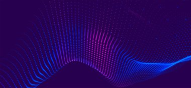 Dinamik renk dalgalı soyut bir arkaplan. Parlak parçacıkların gelecekteki noktalı dalgaları. Sunum tasarımı için renkli arkaplan. Geniş format 3D illüstrasyon. Örgü efekti.