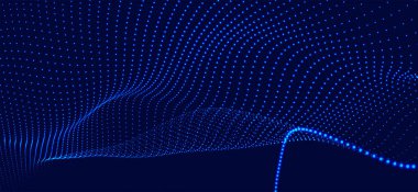 Dinamik renk dalgalı soyut bir arkaplan. Parlak parçacıkların gelecekteki noktalı dalgaları. Sunum tasarımı için renkli arkaplan. Geniş format 3D illüstrasyon. Örgü efekti.