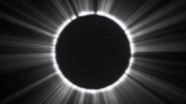 Tam güneş tutulmasının soyut animasyonu - astronomik bir fenomen. Tam güneş tutulmasının dinamikleri siyah ve beyaz tonlarda. Galaksinin merkezinde büyük bir kara delik. 3 boyutlu görüntüleme. 4K canlandırması