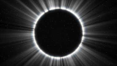 Tam güneş tutulmasının soyut çizimi - astronomik fenomen. Gri tonlarda tam güneş tutulması. Galaksinin merkezinde büyük bir kara delik. 3B illüstrasyon.