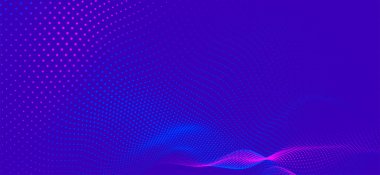 Dinamik renk dalgalı soyut bir arkaplan. Parlak parçacıkların gelecekteki noktalı dalgaları. Sunum tasarımı için renkli arkaplan. Geniş format 3D illüstrasyon. Örgü efekti.