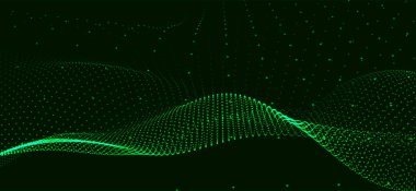 Dinamik renk dalgalı soyut bir arkaplan. Parlak parçacıkların gelecekteki noktalı dalgaları. Sunum tasarımı için renkli arkaplan. Geniş format 3D illüstrasyon. Örgü efekti.