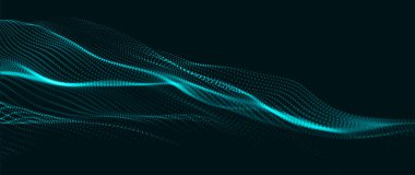 Parlayan noktaların dinamik dalgası. Parlak parçacıkların gelecekteki nokta dalgası. Dokuma efekti. Sunum tasarımı için fütüristik arka plan. 3d oluşturma.