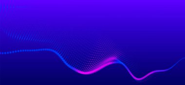 Dinamik renk dalgalı soyut bir arkaplan. Parlak parçacıkların gelecekteki noktalı dalgaları. Sunum tasarımı için renkli arkaplan. Geniş format 3D illüstrasyon. Örgü efekti.