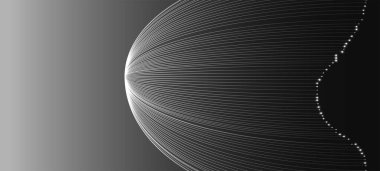 Dinamik çizgilere ve matematik, fizik veya bilgisayar bilimiyle ilgili yenilikçi görsel öğelere sahip soyut dijital manzara. Dağıtım, vektör alanı veya yörünge hesaplaması