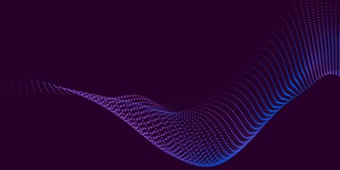 Dinamik renkli dalgalı soyut bir arkaplan. Parlak parçacıkların gelecekteki noktalı dalgaları. Karanlık arka plan. Sunum tasarımı için renkli arkaplan. Geniş format vektör illüstrasyonu. Örgü efekti