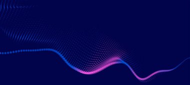 Dinamik renk dalgalı soyut bir arkaplan. Parlak parçacıkların gelecekteki noktalı dalgaları. Sunum tasarımı için renkli arkaplan. Geniş format vektör illüstrasyonu. Örgü efekti.