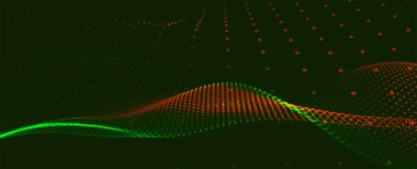 Dinamik renkli dalgalı soyut bir arkaplan. Parlak parçacıkların gelecekteki noktalı dalgaları. Sunum tasarımı için renkli arkaplan. Pleksus etkisi. 3B görüntüleme