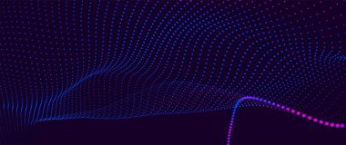 Dinamik renk dalgalı soyut bir arkaplan. Parlak parçacıkların gelecekteki noktalı dalgaları. Sunum tasarımı için renkli arkaplan. Geniş format 3D illüstrasyon. Örgü efekti.