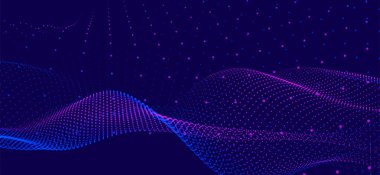 Dinamik renk dalgalı soyut bir arkaplan. Parlak parçacıkların gelecekteki noktalı dalgaları. Sunum tasarımı için renkli arkaplan. Geniş format 3D illüstrasyon. Örgü efekti.