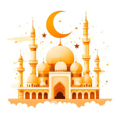Büyük bir aylı, suluboya parlak bir günbatımına karşı bir caminin doğulu silueti. İllüstrasyon, minarelerin ve kubbelerin geleneksel mimarisini açık arkaplan karşısında anlamlı renklerle birleştirir..
