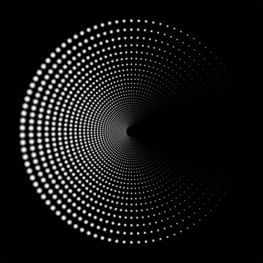 Koyu arkaplanda beyaz noktalardan oluşan parlak eşmerkezli çemberler olan bir çizim. Bileşim bir hareket ve derinlik hissi yaratır, sanki izleyici bir bacaya ya da ışık tüneline bakıyormuş gibi. Sunumlar, posterler, kapaklar için uygun.