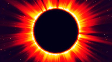 Koronal ışık. Uzayda bir güneş tutulmasının renkli tonlarda canlandırılması. Güneş tutulmasının soyut çizimi - astronomik bir fenomen. 3B vektör illüstrasyonu