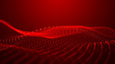 Dinamik renk dalgalı soyut bir arkaplan. Parlak parçacıkların gelecekteki noktalı dalgaları. Sunum tasarımı için renkli arkaplan. Geniş format 3D illüstrasyon. Örgü efekti.