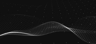 Dinamik siyah beyaz dalgalı soyut bir arka plan. Karanlık arka planda parlak parçacıkların gelecekteki noktalı dalgaları. Dokuma efekti. Sunum tasarımı için arka plan. Geniş biçim 3B illüstrasyon.