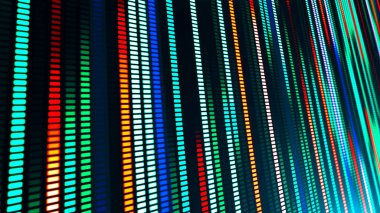 Uzağa giden bir çok renkli parlayan çizgilerin ve kare segmentlerin olduğu bir illüstrasyon. Neon ışığından gelen hareketin etkisi. Teknoloji, fütürizm ve kulüp görselleştirmesi ile ilgili konular için uygundur.