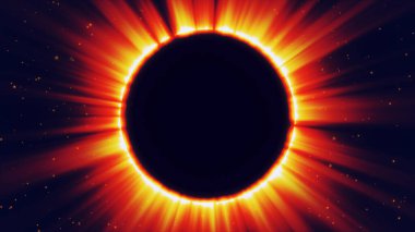 Koronal ışık. Uzayda bir güneş tutulmasının renkli tonlarda canlandırılması. Güneş tutulmasının soyut çizimi - astronomik bir fenomen. 3B illüstrasyon