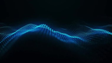 Parlayan noktaların renkli renkli bir dalgası. Karanlık bir arkaplanda hareket eden dalgaların illüzyonunu yaratıyor. Görselleştirme, geleceğin teknolojisi ve sanatını birleştiren dinamik bir 3 boyutlu dalgaya benziyor..