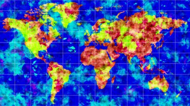 Kıtaların canlı kırmızı ve sarı tonlarında ve okyanusların açık mavi ve mavi renkte olduğu, termal görselleştirme tarzında renkli bir dünya haritası. Vektör illüstrasyonu uydu görüntüleri veya iklim haritalarını anımsatmaktadır..