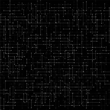 Siyah beyaz soyut bir arka plan, dijital devre ya da ağ yapısını anımsatıyor. Parlayan noktalar ve çizgiler bir mikroçip ya da siber uzay bağlantı haritasına benzer bir model oluşturur..