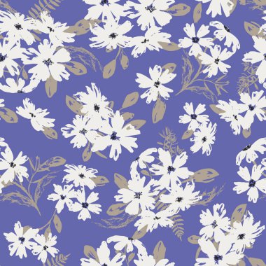 Çok peri mor çiçekleri ve pürüzsüz arkaplan izleri bırakıyor. Vektör çizimi. Ev dekorasyonu ve kadın modası için harika.