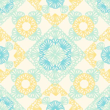 Vector illustration seamless pattern. This vintage-inspired vector print features intricate blue, turquoise, yellow granny squares woven against a cream background.