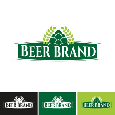 Bir bira markasının logosu ve hop sentezi. Biranın adının geçtiği merkezi bir kurdeleyle. El yapımı biralar için ideal. Yeşil ve beyaz tonlarda. Vektör illüstrasyonu