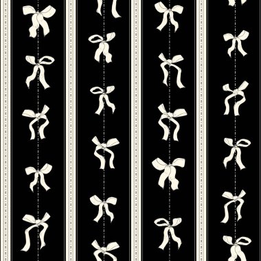 Sevimli vektörsüz desen, siyah dikey çizgili arka planda gevşek bir stile sahip büyüleyici bej yaylar içeriyor. Yatak odası dekorasyonu ve coquette tarzı parti temaları için mükemmel bir kız modeli.