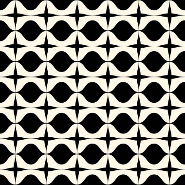 Cool retro geometric pattern of waves and crosses in black and cream from the 70s. Ideal for home decoration with vintage groovy mid century modern style.  clipart