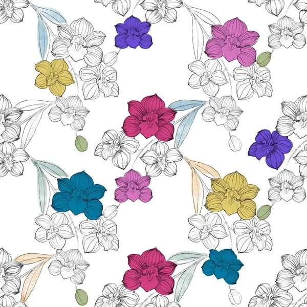 Illustration Seamless Pattern Drawing Black Doodle Line Orchid Blooming Random — Stock Photo, Image