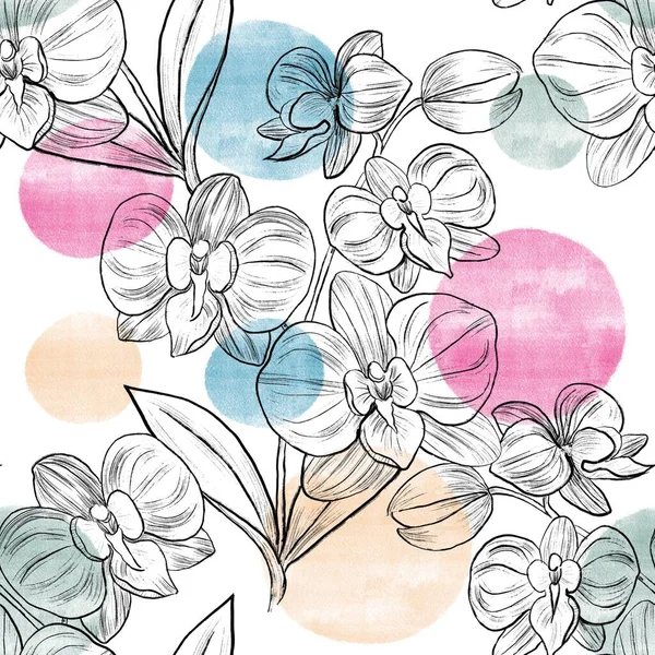 Illustration Pattern Drawing Black Doodle Line Orchid Blooming Random Branches — Stock Photo, Image