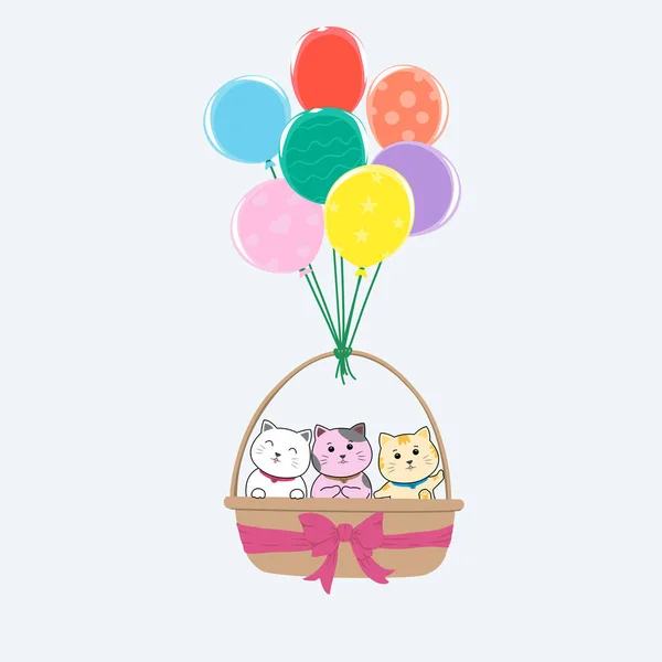 Vector Cartoon Character Drawing Three Cute Cats Brown Basket Pink — Stock Vector