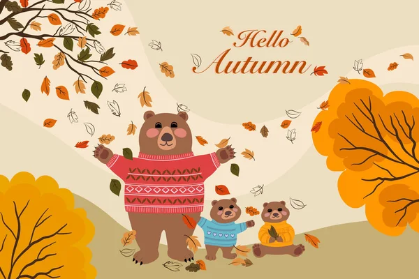 Vektorzeichnung Der Braunbärenfamilie Feierte Die Herbstsaison Bärenmutter Und Würfel Tragen — Stockvektor