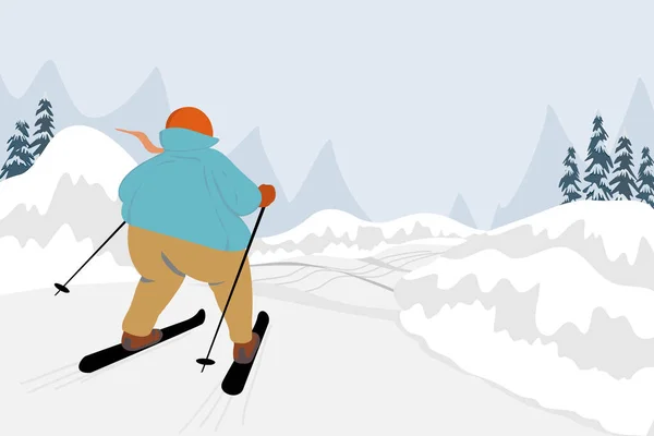 穿着蓝色毛衣和眉毛裤的滑雪者在山上滑行滑雪者在冬季被冰雪覆盖的风景矢量卡通人物画 — 图库矢量图片