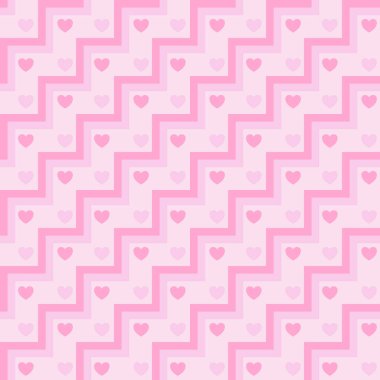 Pembe kalp zigzag geometrik kare arkaplan vektörü dikişsiz desen, dekoratif sevgililer günü kartı için element, flanel tartan düz kumaş baskı, duvar kağıdı ve kağıt ambalajı