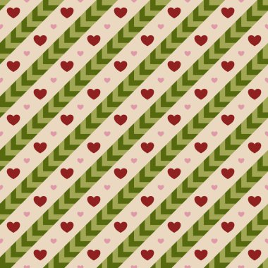 Kırmızı kalp ve yeşil çizgili arka plan vektörü dikişsiz desen, dekoratif sevgililer günü kartı için element, flanel tartan düz kumaş baskı, duvar kağıdı ve kağıt ambalajı