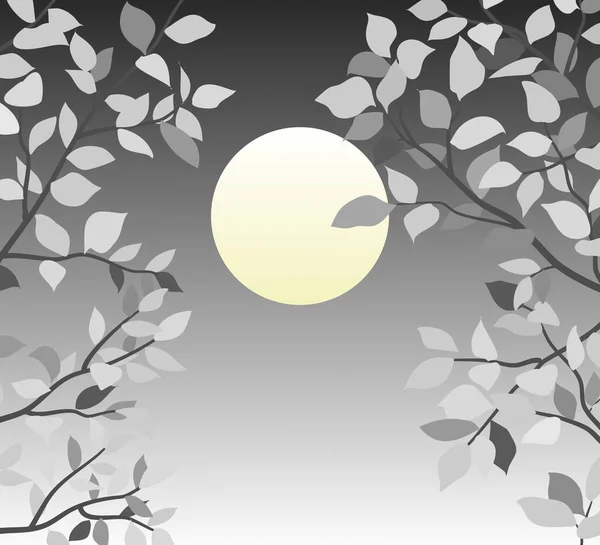 Illustration drawing Halloween scary night scene, Yellow full moon with gray black and white leaves tree branches in a dark night background