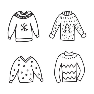 Çirkin Noel süveterlerinin el çizimi çizimi robot resim çizimi çizimi çizimi. Beyaz arkaplanda izole