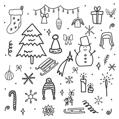 Kış tatili Noel elementlerinin el çizimi karalama stili vektör çizimi.