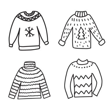 Çirkin Noel süveterlerinin el çizimi çizimi robot resim çizimi çizimi çizimi. Beyaz arkaplanda izole.