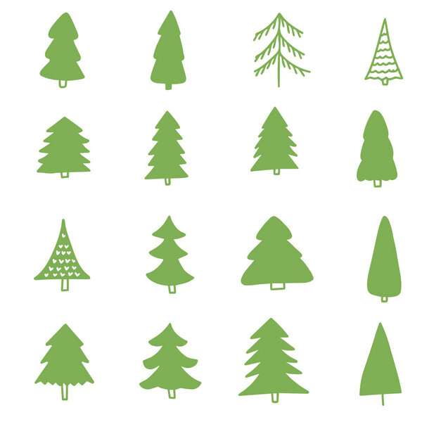 Hand drawn doodle sketch style vector illustration set of green pine Christmas trees. Isolated on white background
